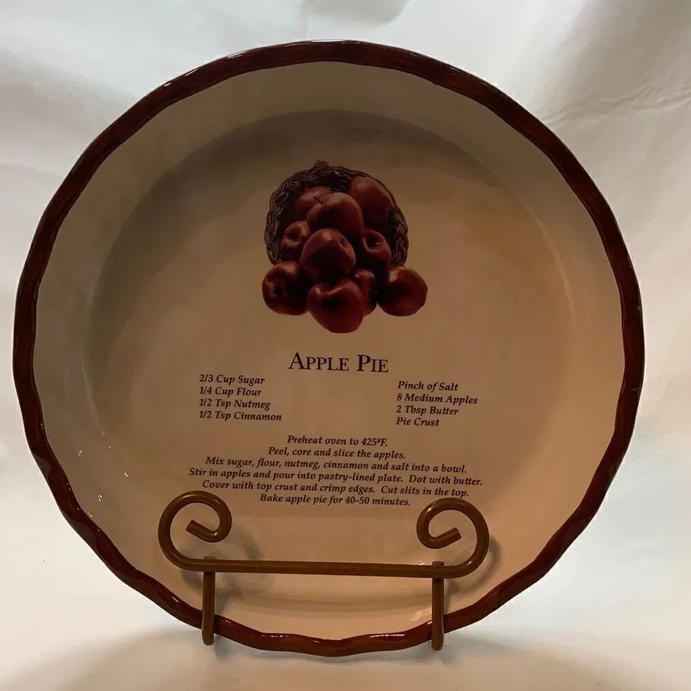 Apple Pie Recipe Brown Ceramic Bakeware Decorator Pie Plate 91/2 Round Farmhouse